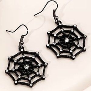 Halloween Spider Web Earrings Rhinestones Dangle Goth Style Retro Black